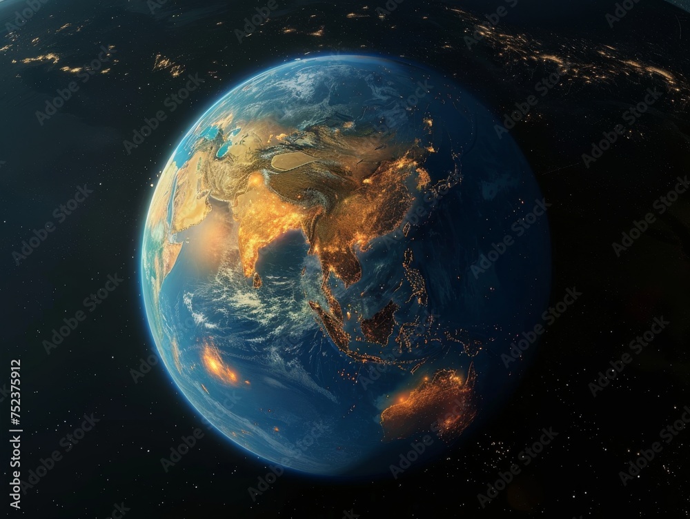 A striking image of planet Earth from space, showcasing city lights and continents at night. A striking image of planet Earth from space, showcasing city lights and continents at night.