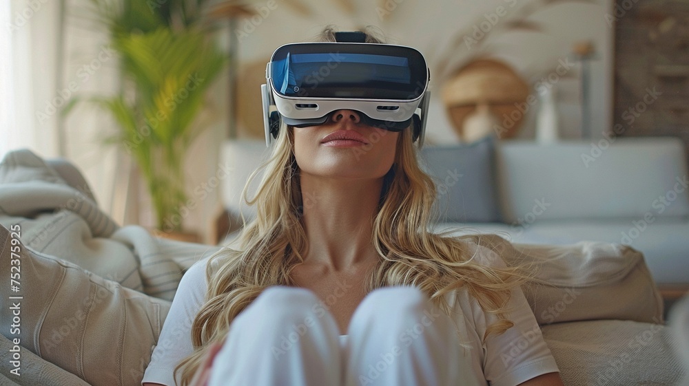 A cheerful blonde wearing 360-degree glasses or a virtual reality headset sits in her home room. A cheerful blonde wearing 360-degree glasses or a virtual reality headset sits in her home room.