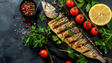 Grilled mackerel with lemon, spices, tomato and green black background