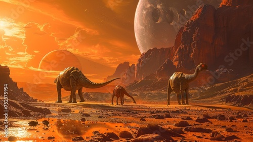 Dinosaurs wandering through an otherworldly terrain with a giant moon in the backdrop.