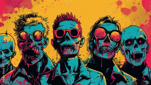A group of stylized zombies sporting sunglasses, presented in a striking pop art style with a splattered yellow background.
