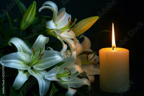Elegant composition of lilies and a burning candle on a dark background Providing a solemn and respectful visual for memorials or contemplative moments photo