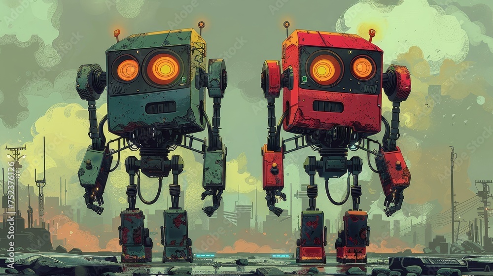 Fototapeta premium A pair of weathered robots with glowing eyes stand tall, surveying a futuristic cityscape under a cloudy, atmospheric sky.