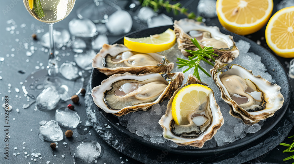 Fresh oysters with ice and green on the dark background, seafood concept Fresh oysters with ice and green on the dark background, seafood concept