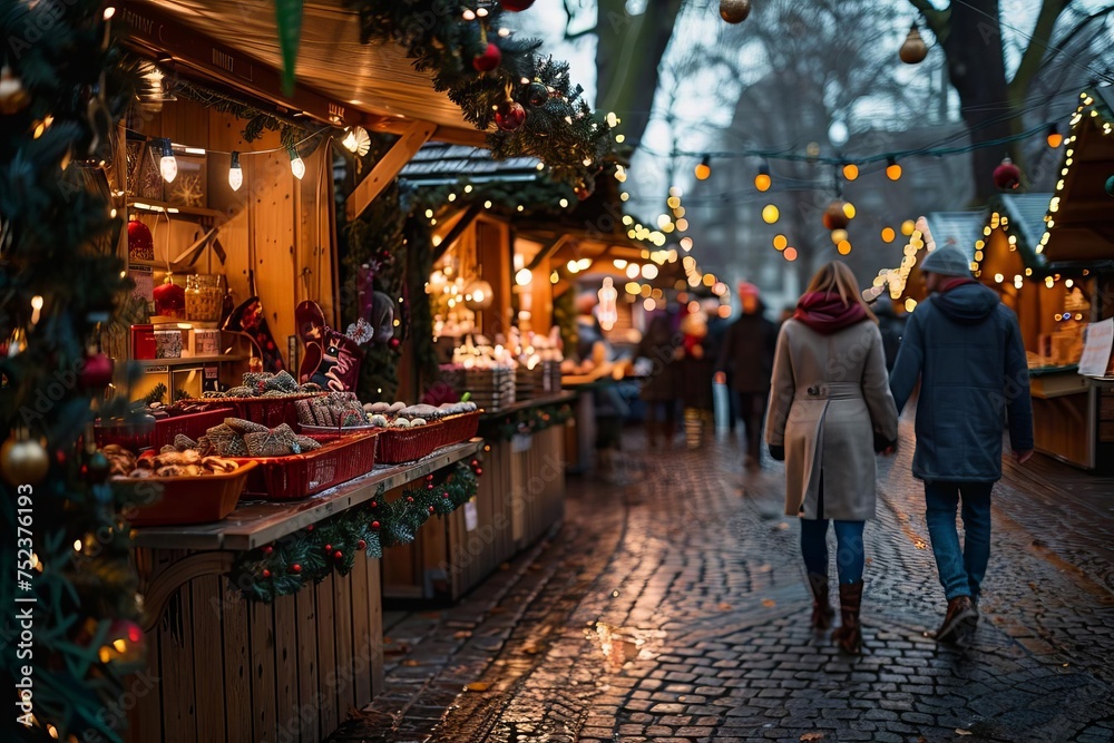 Festive scene at a christmas market with a couple holding hands Walking past brightly lit stalls offering holiday treats and crafts