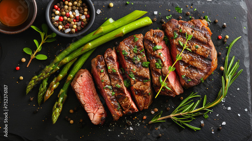 sliced beef grill steak with green asparagus, dark background