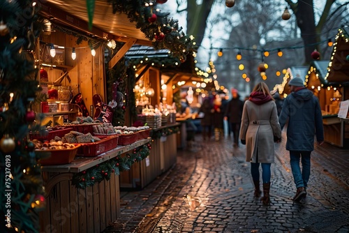 Festive scene at a christmas market with a couple holding hands Walking past brightly lit stalls offering holiday treats and crafts © Bijac