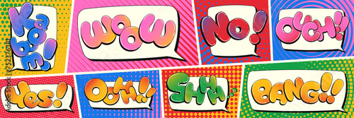 Set of comic speech bubbles, comic wording sound effects design, comic book text clouds. Comic pop art book oops, wow, pow, boom Creative retro balloons with funny slang phrases and expressions.