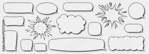 Set of comic speech bubbles with shadow halftone effect in the shape of cloud, rectangle, blot with empty space for text. Vector illustration in retro style on a transparent background as a PNG.