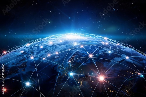 Global connectivity concept with a network of glowing lines and nodes spanning across a digital globe Representing internet Communication And international business.