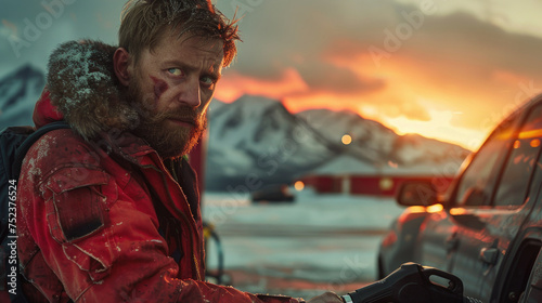 A man with a weathered expression refuels his car at a gas station against a snowy mountainous backdrop during sunset.