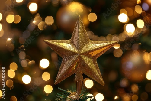 Golden star-shaped christmas tree topper Shining brightly against a festive background Symbolizing the joy and spirit of the holiday season