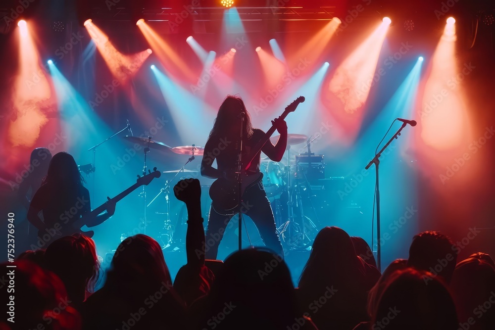 Live concert atmosphere with a rock band passionately performing on stage Focusing on the guitarist amidst vibrant lighting and energetic music