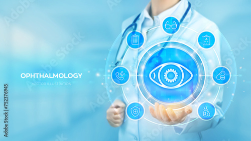 Ophthalmology. Ophthalmologist consultation. Eye Exam. Laser Surgery. Choosing glasses. Doctor holding in hand Eye icon and medicine icons network connection on virtual screen. Vector illustration.