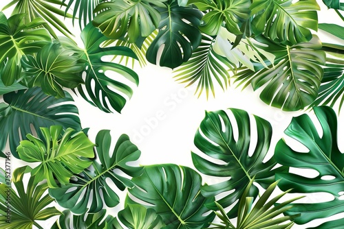 Lush tropical foliage with an assortment of green leaves and floral elements Forming a dense jungle-like canopy Arranged as a seamless pattern on a pure white backdrop.