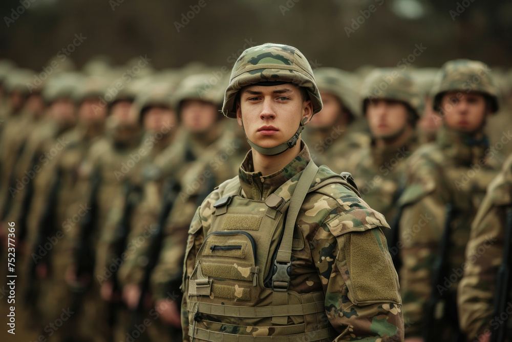 Group of soldiers in military uniforms standing in formation with soldier in front
