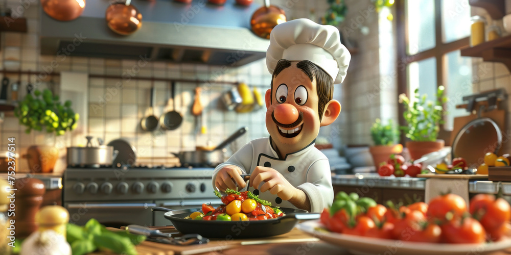 Cartoon chef cooking in a kitchen with vegetables and utensils on the counter, preparing delicious food concept Cartoon chef cooking in a kitchen with vegetables and utensils on the counter, preparing delicious food concept