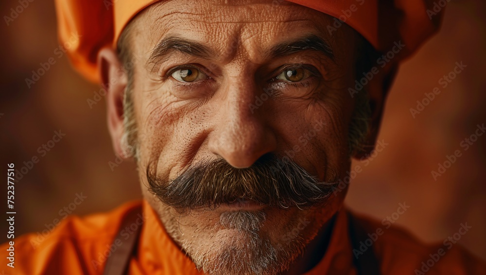 A mature chef with a styled mustache exhibits a reflective look in front of an orange background