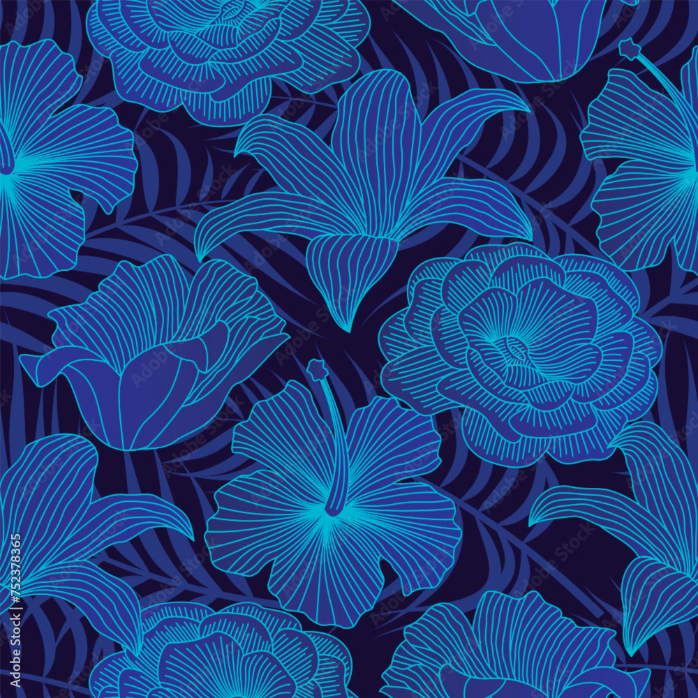 Blue Outline floral seamless pattern with leaves. tropical background	
