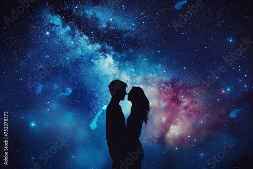 Silhouettes of a man and woman against a cosmic background of stars and nebulae Symbolizing a connection that transcends the physical world