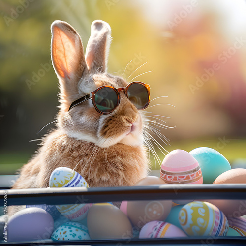 Cute Easter Bunny with sunglasses looking out of a car filed with easter eggs.