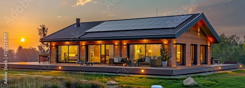 Rooftop solar panel array on a modern home. Sunset, the end of the day. idyllic setting. House with solar cells, house illumination powered by solar energy.