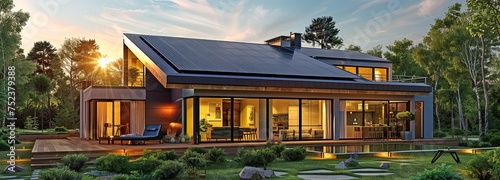 Rooftop solar panel array on a modern home. Sunset, the end of the day. idyllic setting. House with solar cells, house illumination powered by solar energy.