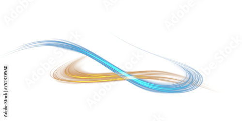 Blue and yellow glowing shiny lines effect. Luminous blue and yellow lines of speed. Light glowing effect. Light trail wave, fire path trace line and incandescence curve twirl.