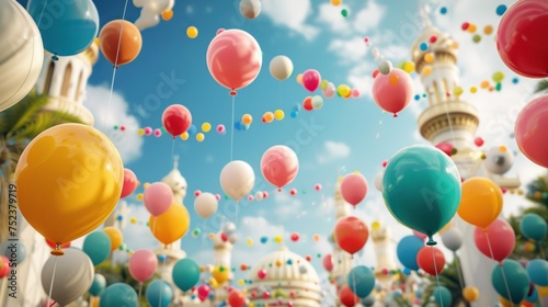 A vibrant scene of Eid al-Fitr celebrations with colorful balloons and a mosque backdrop, perfect for festival event promotions or as a cheerful greeting card design.