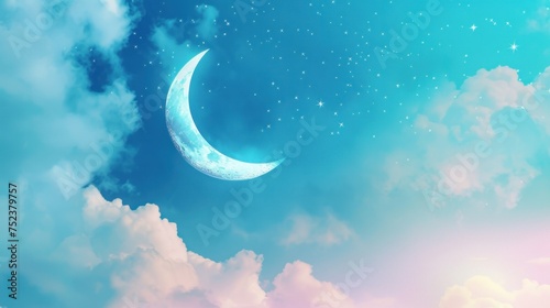 A dreamy crescent moon against a pastel sky with fluffy clouds, suited for nursery room art or relaxation videos.
