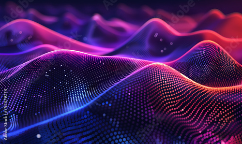 Neon Digital Waves. A close-up of neon digital waves with pink and blue hues  representing data flow and cyber connectivity in a virtual landscape.