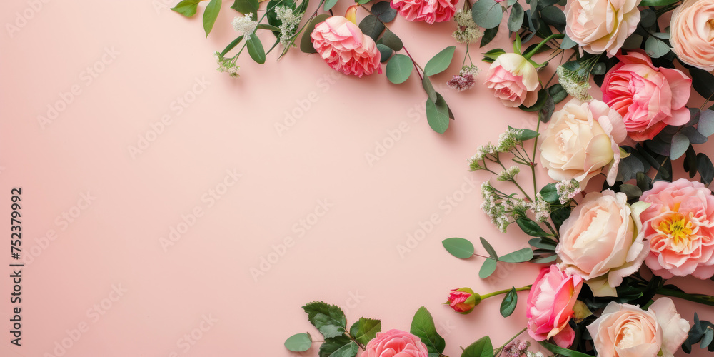 A vibrant floral arrangement bordering a soft pink background, great for creating festive Eid al-Fitr social media content or invitations. A vibrant floral arrangement bordering a soft pink background, great for creating festive Eid al-Fitr social media content or invitations.