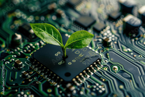 Plant growing from processor grow nature computer hardware ecology sustainable eco-friendly technology tech modern computer chip green leaves natural beauty leaf tree oxygen microchip electronics