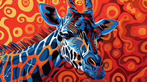 An intense zebra portrait with electric blue and orange stripes stands out against a swirling red abstract background.