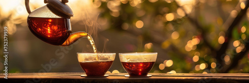 A teapot pouring hot tea into two glasses against a blurred nature background, perfect for Ramadan evening gatherings or to illustrate culinary articles about Eid al-Fitr. photo
