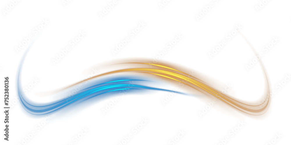 Blue and yellow glowing shiny lines effect. Luminous blue and yellow lines of speed. Light glowing effect. Light trail wave, fire path trace line and incandescence curve twirl.