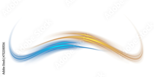 Blue and yellow glowing shiny lines effect. Luminous blue and yellow lines of speed. Light glowing effect. Light trail wave, fire path trace line and incandescence curve twirl.