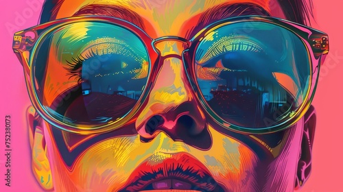 Pop art depiction of a woman's face with neon sunglasses reflecting an urban cityscape in a vivid, colorful style.