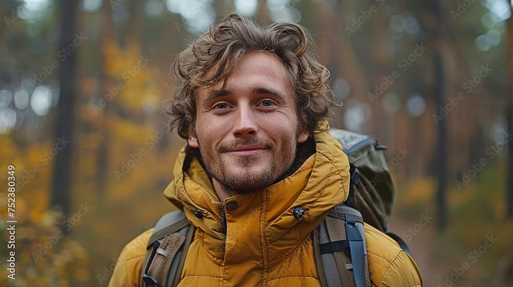 picture of a happy, gorgeous man traveling through a verdant woodland. picture of a happy, gorgeous man traveling through a verdant woodland.