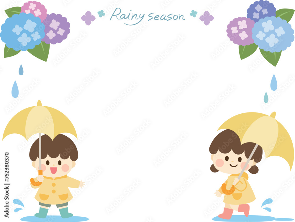 梅雨_傘をさす子供と紫陽花のフレーム