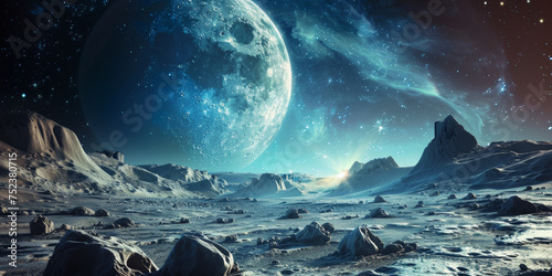 Alien Moonrise Over Icy Terrain.
An alien planet's moon rises above a barren icy landscape, evoking wonder. photo