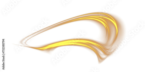 Golden glowing shiny lines effect. Luminous golden lines of speed. Light glowing effect. Light trail wave, fire path trace line and incandescence curve twirl. PNG.