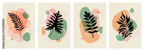 Abstract nature art. Shape wall posters, scandinavian botanical plant leaf background, leaf vegetation. Black tropical leaves, spring card contemporary design, vector illustration set