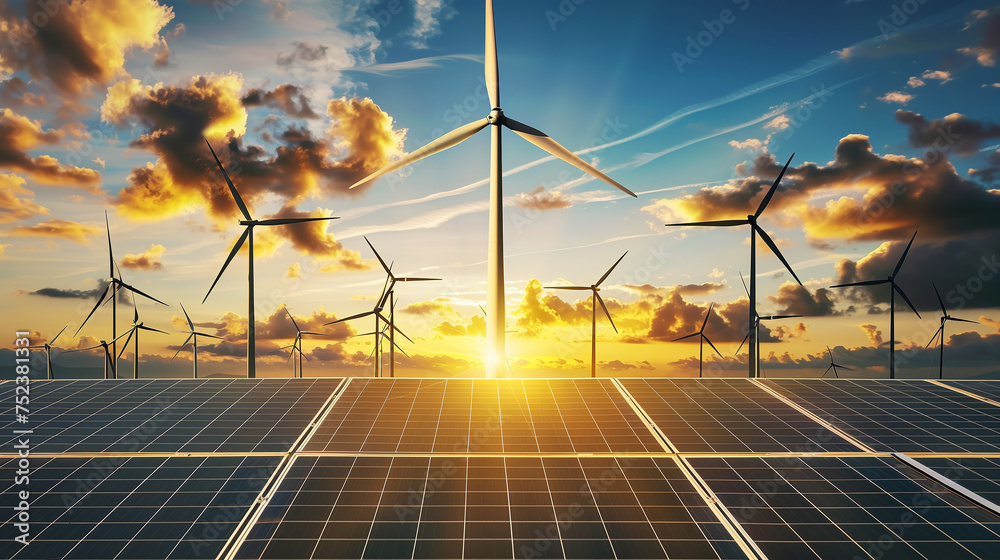 Solar farm, Solar cells panels and wind turbines for electricity alternative renewable energy. . - obrazy, fototapety, plakaty 
