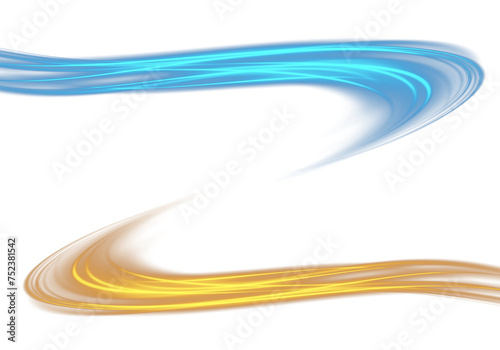 Blue and yellow glowing shiny lines effect. Luminous golden and blue lines of speed. Light glowing effect. Light trail wave, fire path trace line and incandescence curve twirl. PNG.