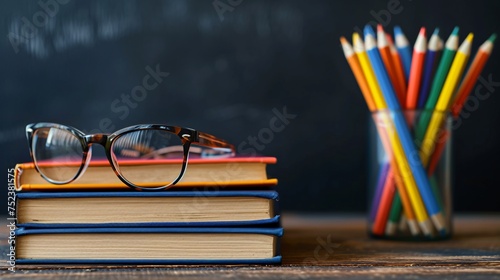 a stack of books and glasses on top of each other