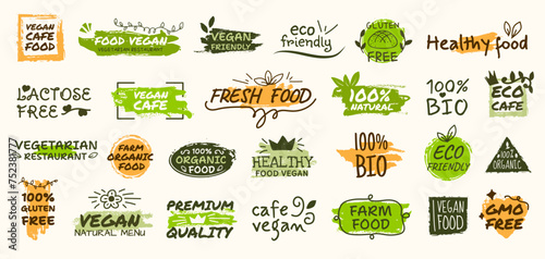 Eco logo labels. Food logo. Hand drawn tags for fruit, vegetable organic banner, sticker or button text frame. Vegetarian restaurant, green healthy product, gluten free. Vector isolated badge photo