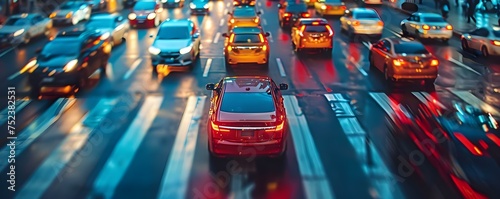 Busy urban intersection with multiple vehicles at standstill during peak traffic. Concept Cityscape, Traffic congestion, Urban lifestyle, Rush hour, Gridlocked intersection photo