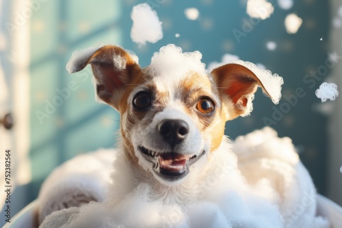 Funny dog with soapy white foam on his head sits in the bathtub, taking care of his pet, grooming and washing him © Sunny