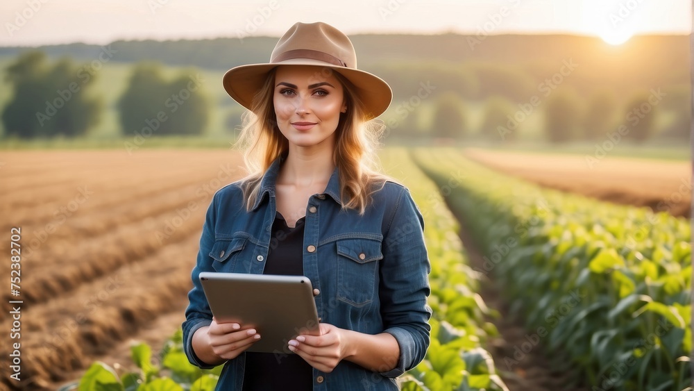 Female farmer stands and holds tablet in her hands against background of field